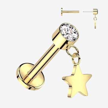 Implant Grade Titanium OneFit Threadless Golden Sparkle Dangle Star Top Flat Back Labret-Clear Gem